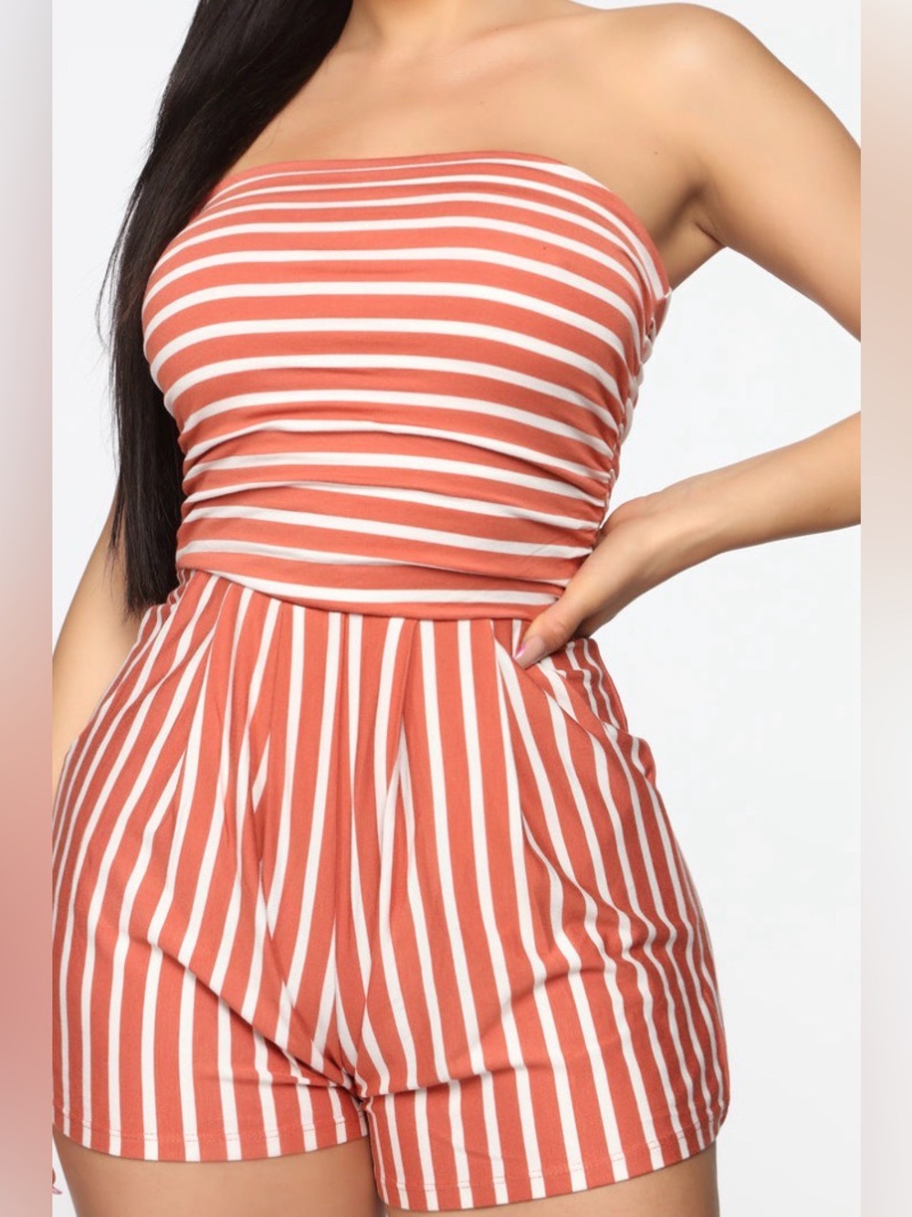 Fashion Nova Strapless Striped Romper in Coral and White